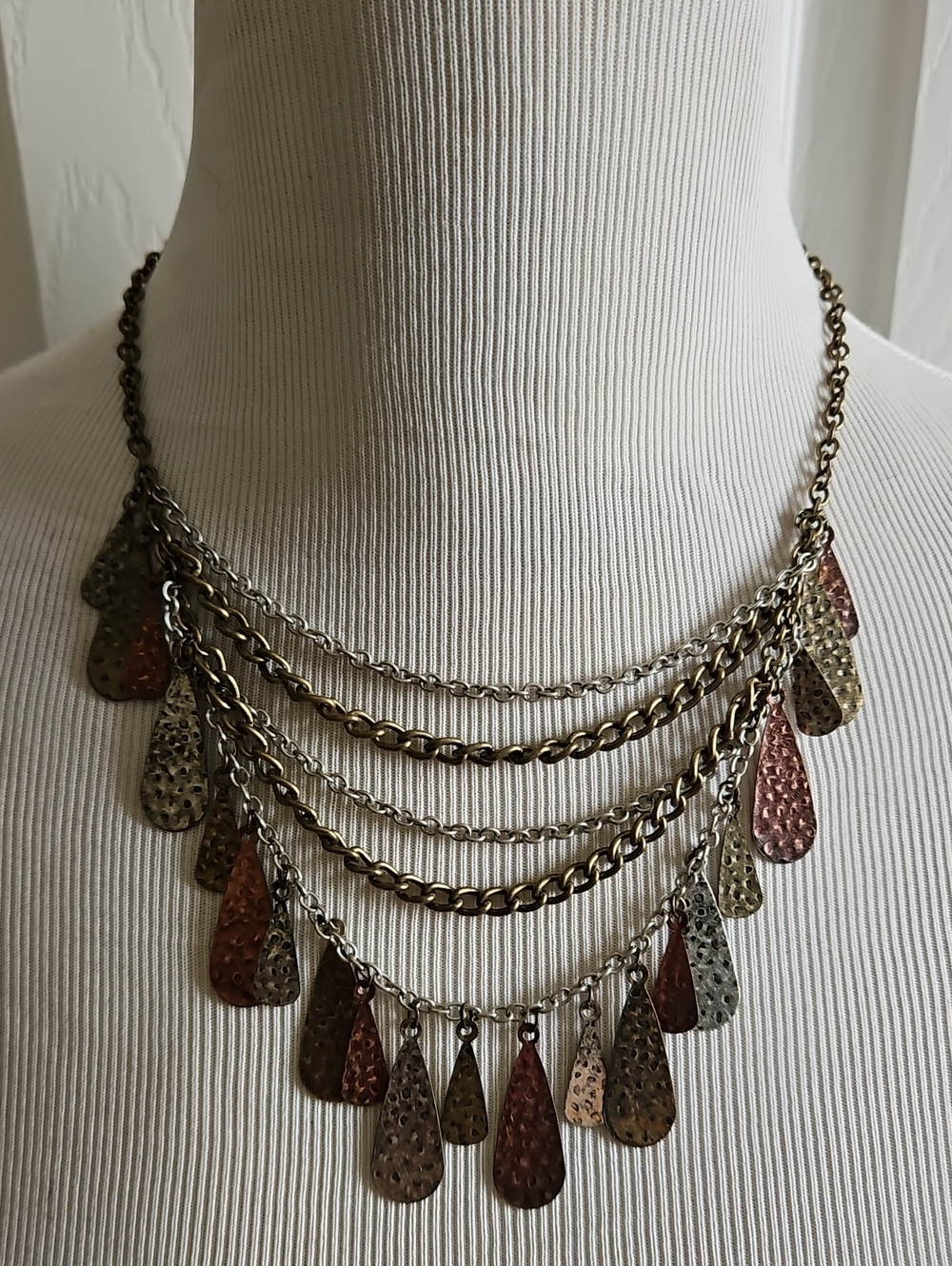 Multi-Row Mixed Metal Teardrop Necklace - Copper, Silver, and Gold